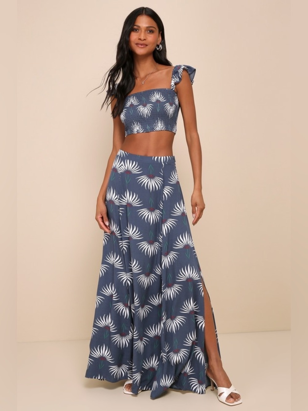 Trancoso Dusty Blue Floral Print Two-Piece Maxi Dress